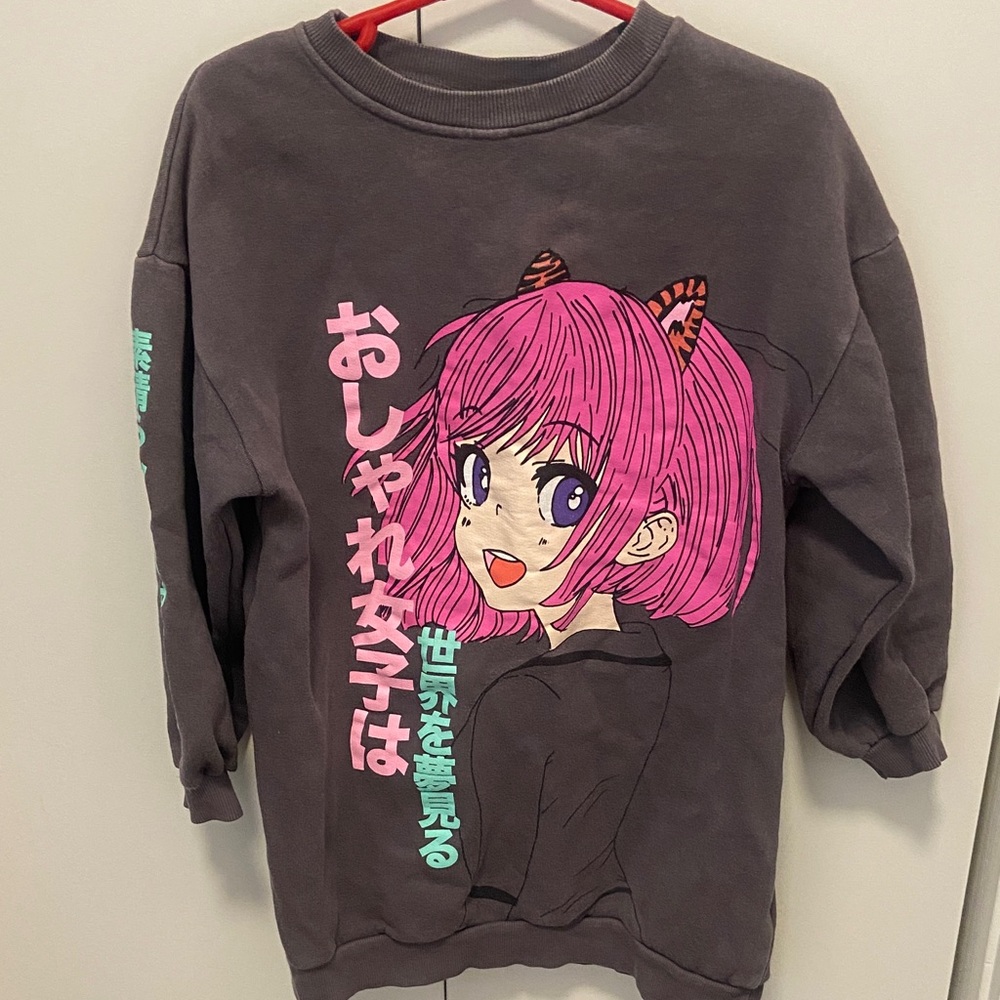 Zara Charcoal Crewneck with Pink Anime Girl Graphic